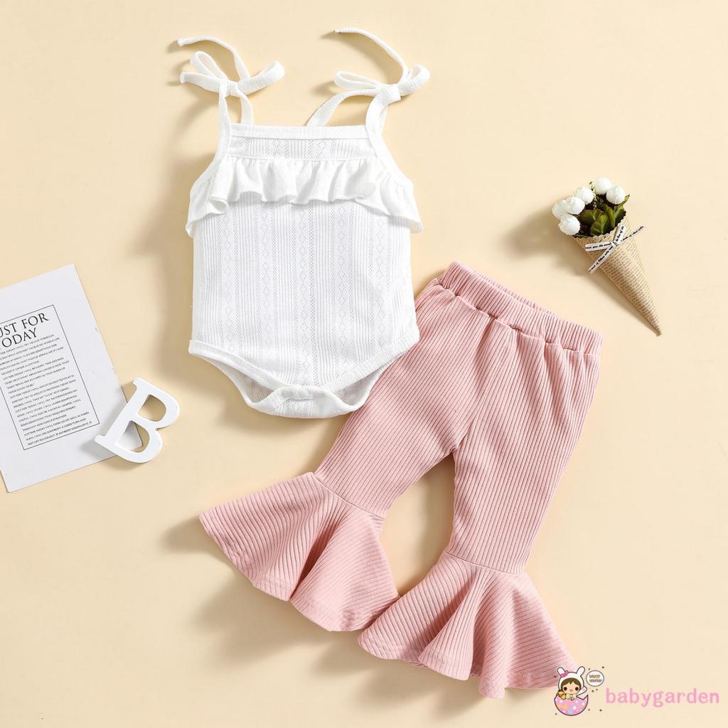 BABYGARDEN 6months-3years Baby Girl Outfits, Solid Color Sleeveless Ruffles Decor Sling Romper + Elastic Waist Ribbed