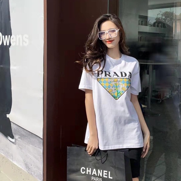 PRADA Áo Thun Ngắn Tay In logo Tam Giác Thời Trang Cho Nam Nữ