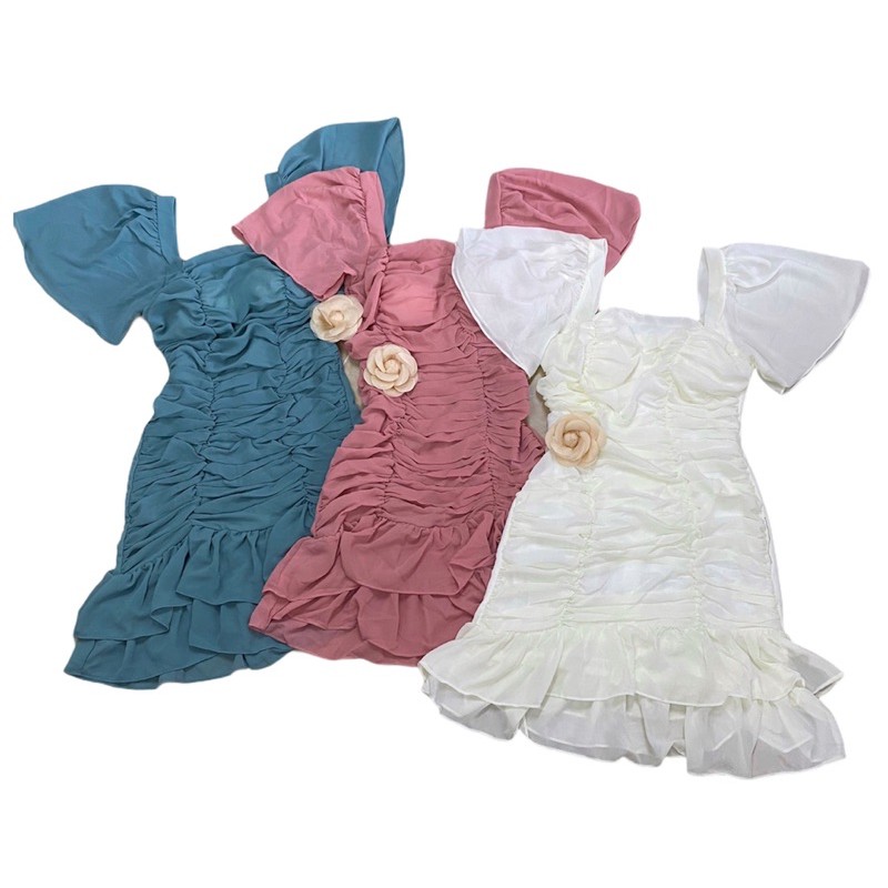 Đầm cổ vuông tay rũ voan nhún thân | BigBuy360 - bigbuy360.vn