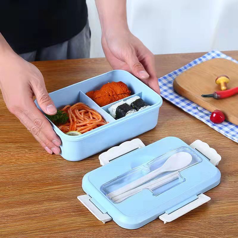 [CHỌN MÀU] Hộp Cơm Kèm Muỗng Đũa Hộp Đựng Cơm 3 Ngăn Lúa Mạch Tiện Dụng