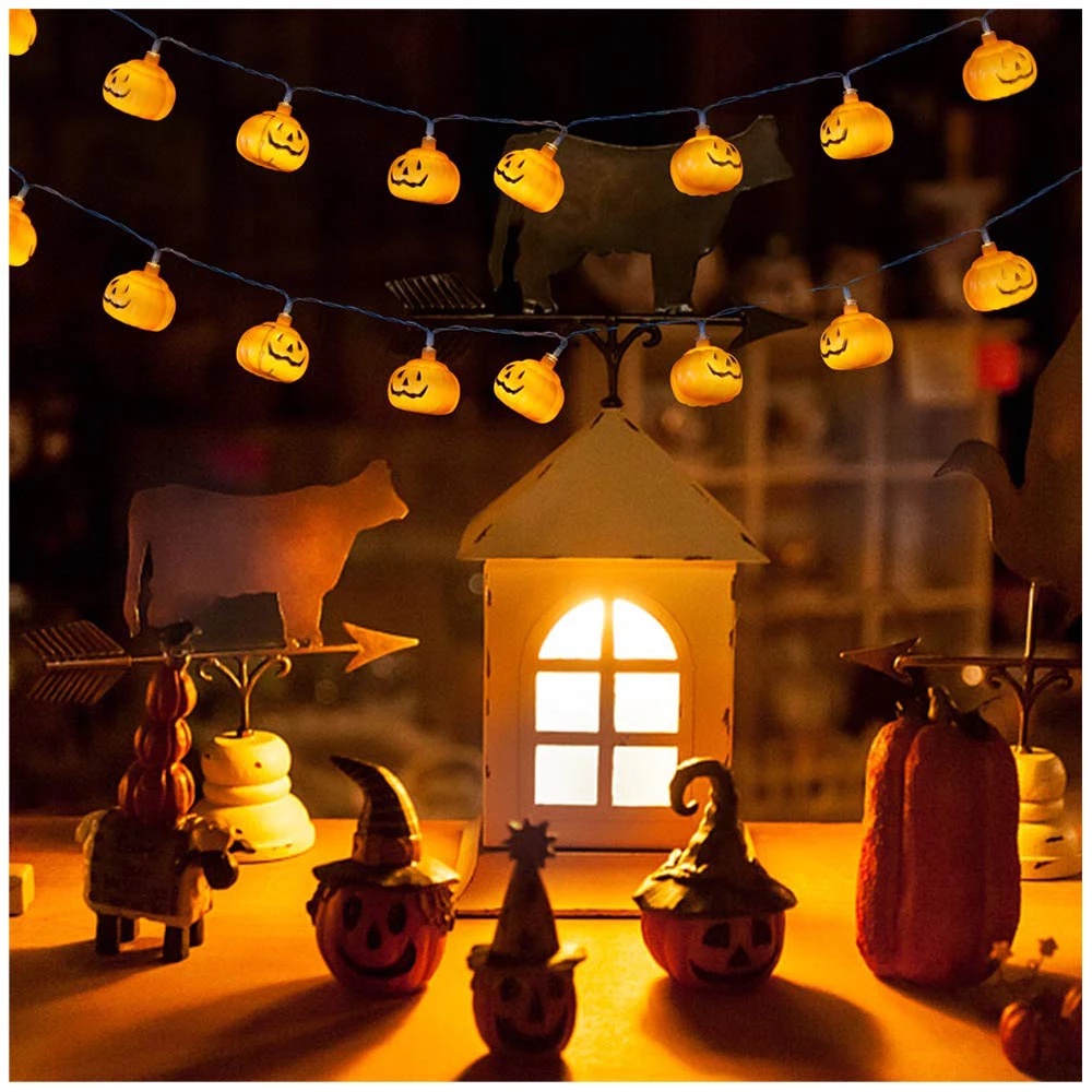 Dây Đèn Led 10 Bóng Hình Quả Bí Ngô Mặt Cười Trang Trí Tiệc Halloween