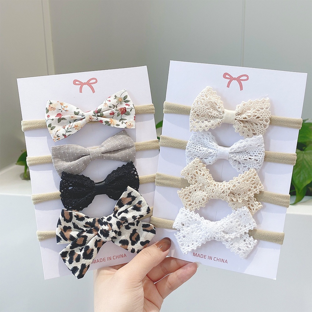 KIDSBOWS Set 4 băng đô thun bé gái đính nơ ren vải nhiều màu sắc phong cách mới