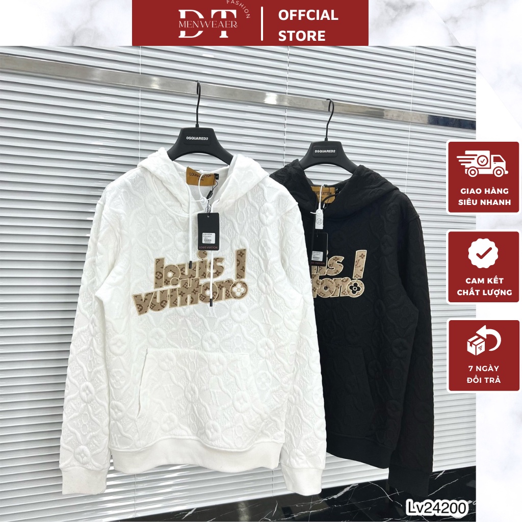 Áo Hoodie Nam Lv In Nổi Phối Họa Tiết Chữ Và Gấu Thêu - Áo Hoodie Unisex Nam Nữ Lv Chất Nỉ Dày Dặn DT FASHION MENW