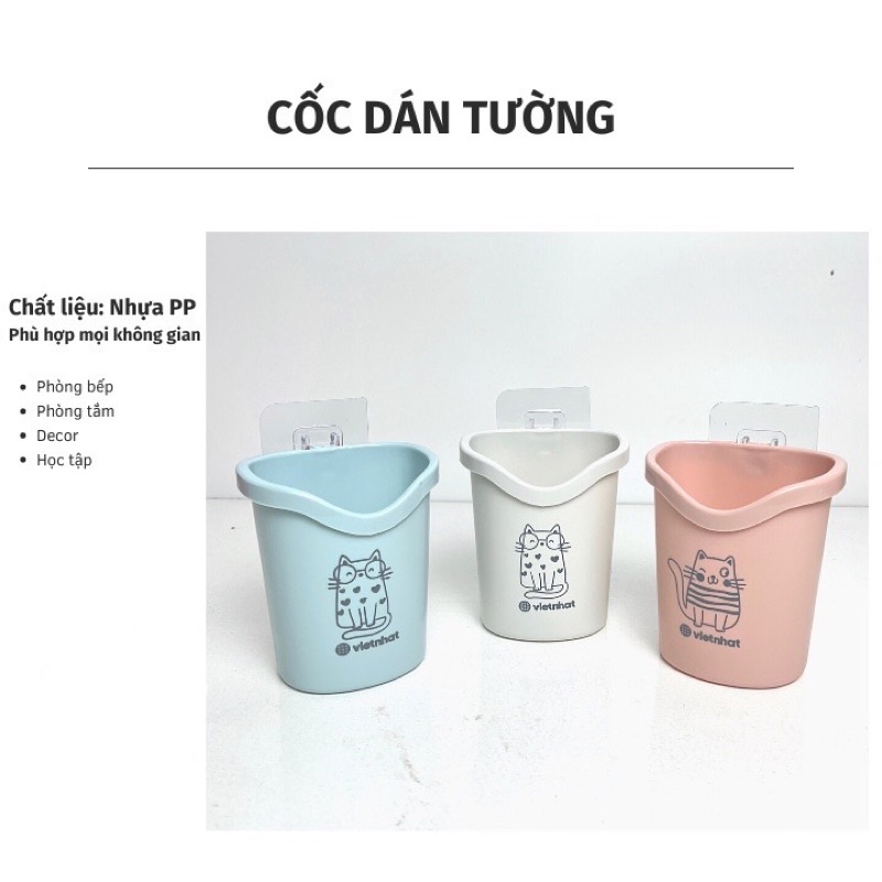 Combo 3 Cốc cắm bàn chải kem đánh răng dán tường Hokori Việt Nhật  có lỗ thoát nước tiện lợi