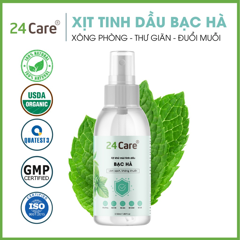 Xịt khử mùi thơm phòng Bạc Hà 24Care 50ml - Xua đuổi côn trùng, tập trung, kháng khuẩn