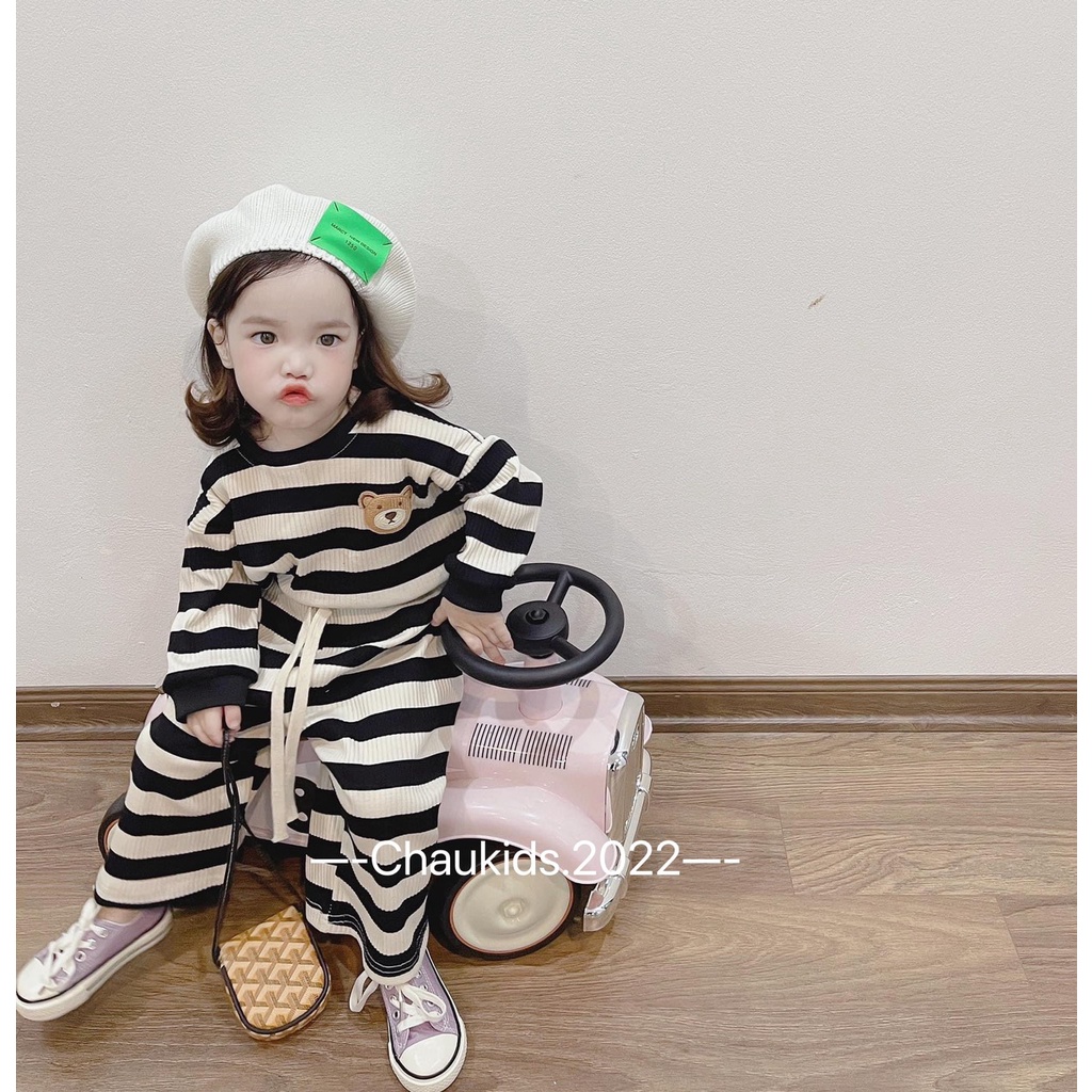 [SALE] Bộ Dài Tay Bé Gái Quần Loe Kẻ Sọc Thêu Gấu, Bộ Quần Áo Cho Bé Mặc Thu Đông CKTD16