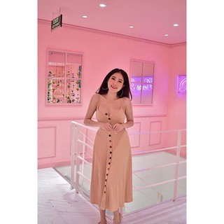 Đầm Xòe Maxi 2 Dây Phối Nút Dọc Khuy (Vàng)