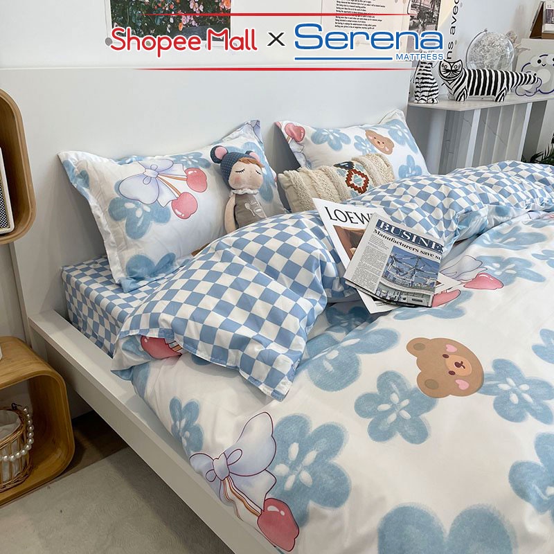 Bộ Ga Giường Chần Bông Full 5 Món Cotton Poly SERENA MATTRESS Chăn Ga Grap Ra Drap Gối Đệm Nệm Trải Phủ Giường Trần Bông