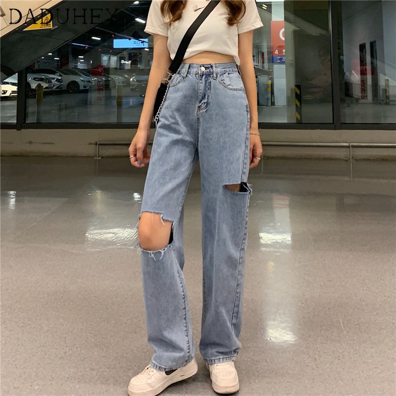 Quần jean DaDuHey mùa hè mới rách mỏng dáng rộng cạp cao thời trang