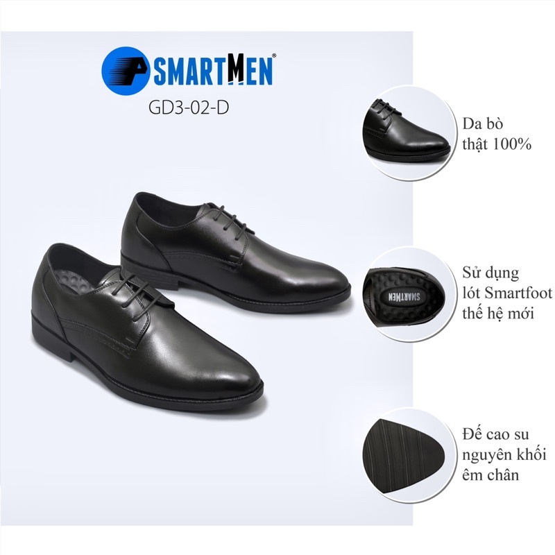 Giày Công sở tăng chiều cao da bò thật SMARTMEN GD3-02 Đen