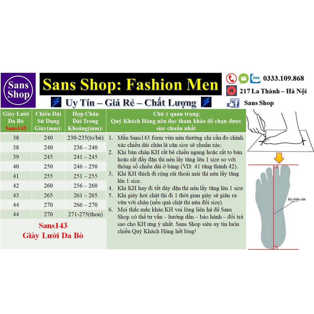 Giày lười nam da bò thật Sans143 công sở loafer mọi size cỡ 38 39 40 41 42 43