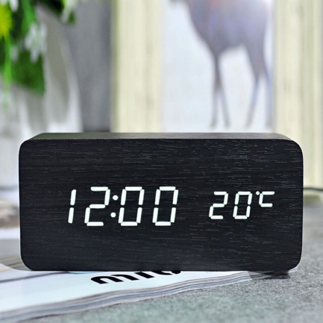 Đồng hồ led gỗ để bàn  ( báo thức + nhiệt độ)