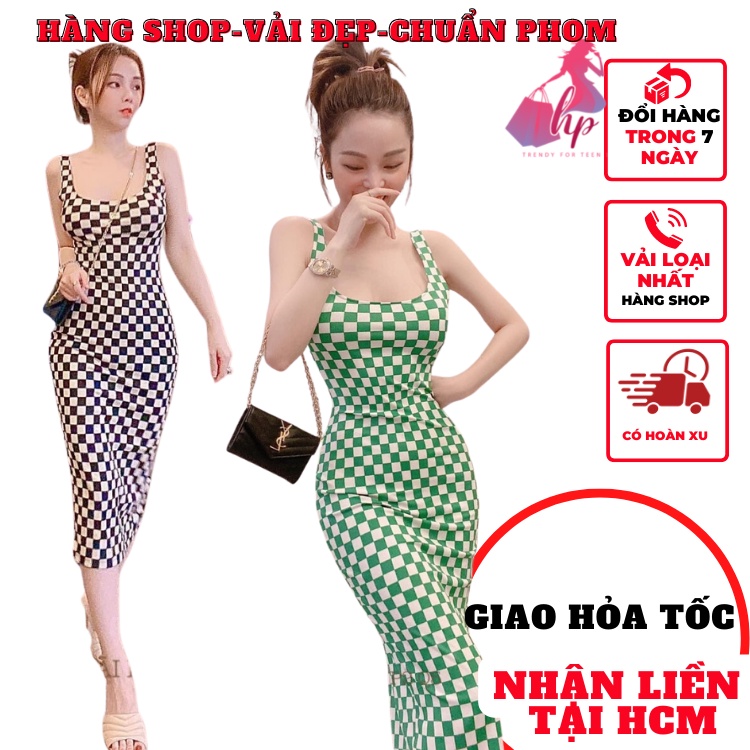 Váy đầm hai dây bản to nữ kẻ caro sang chảnh thun gân trắng đen kiểu hàn quốc đi tiệc mặc hè VD241