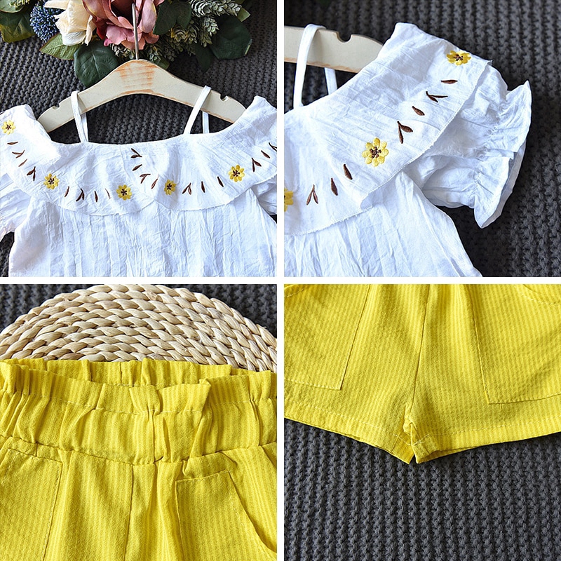 Bộ đồ BEAR LEADER gồm áo kiểu trễ vai họa tiết hoa và quần đùi thời trang 2022 dành cho bé gái từ 3-7 tuổi