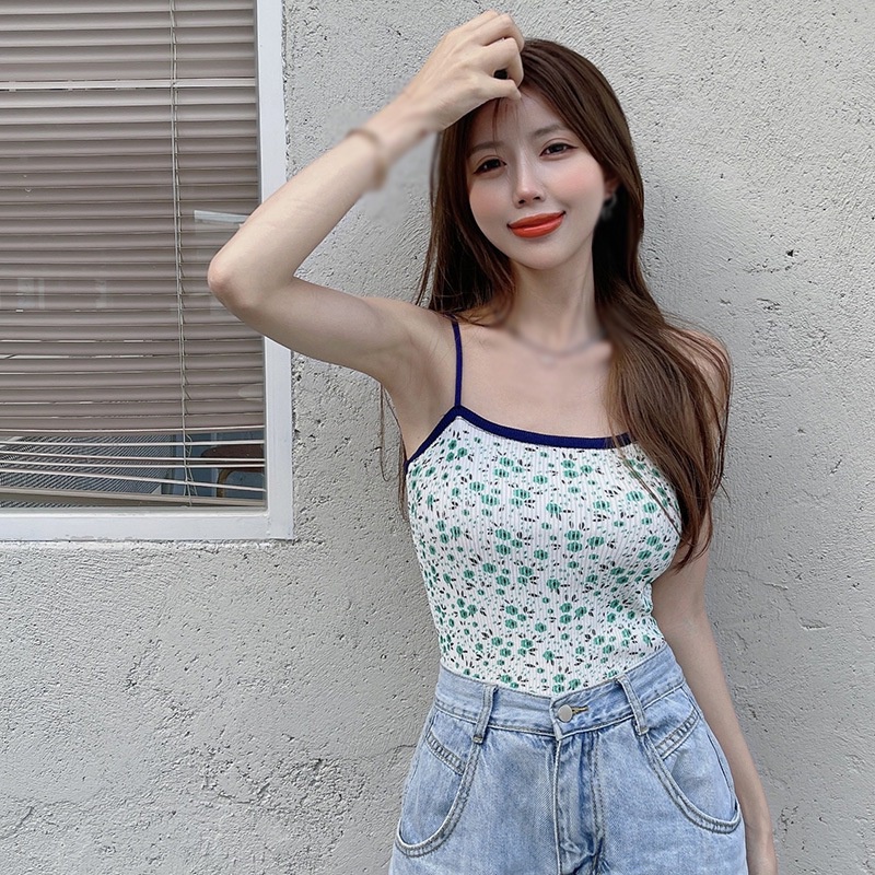 Women's Summer Floral Camisole Korean Sweet Slim Knitting Sleeveless Camisole Floral Crop Tank Top