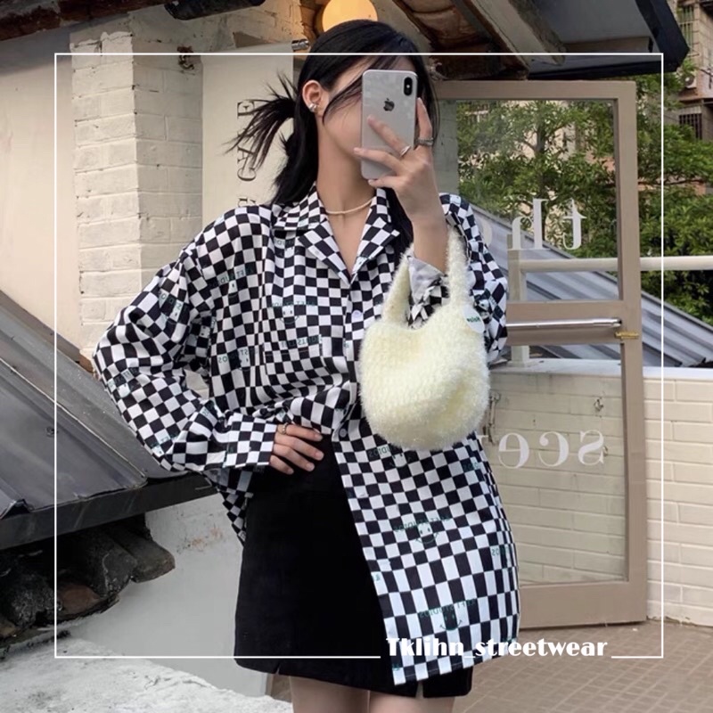 TKLIHN Áo sơ mi cổ V kẻ caro đen trắng Ulzzang HOT TREND 2021