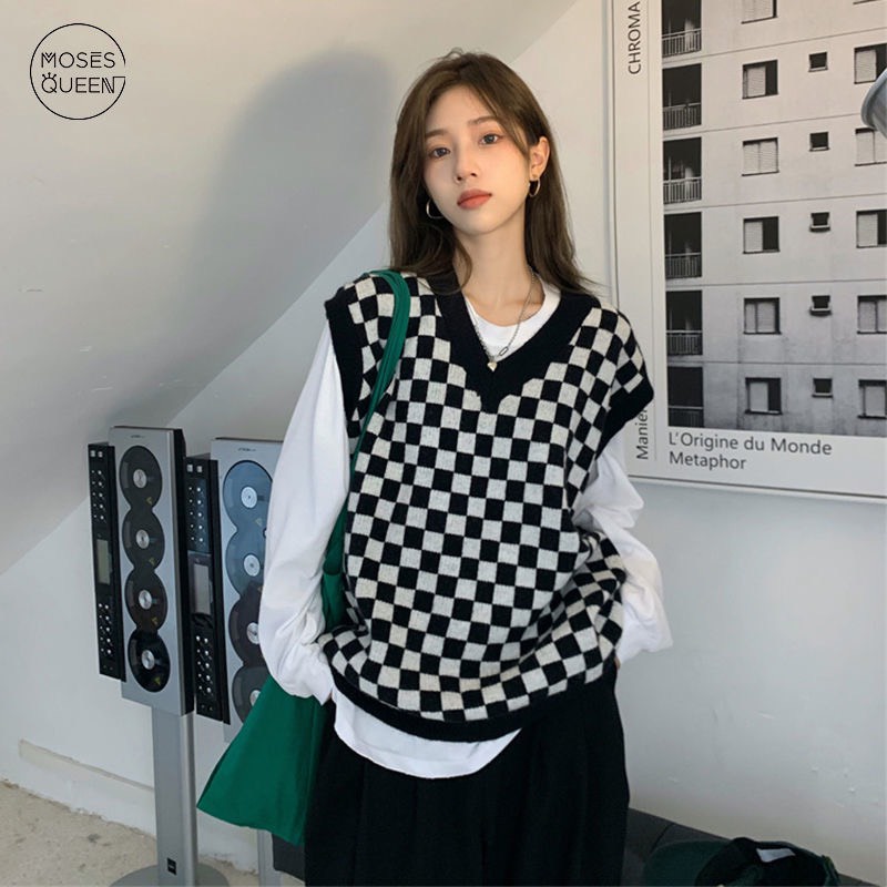 Áo len gile kẻ caro đen trắng unisex nam nữ cổ chữ v phong cách cá tính thời trang thu đông Hàn Quốc M32HD | BigBuy360 - bigbuy360.vn