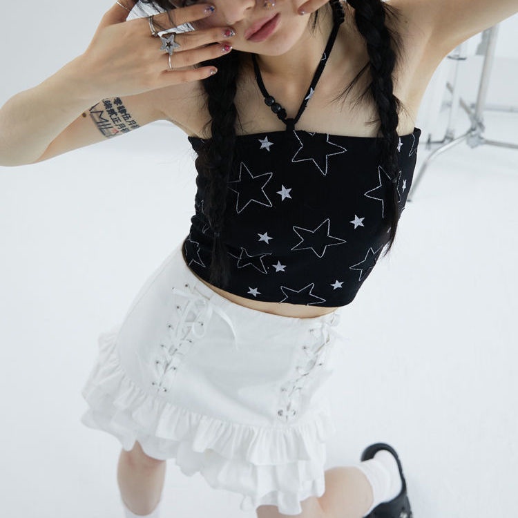 Áo Croptop y2k Hai Dây Xỏ Hạt Màu Đen Nhỏ Nhắn In Họa Tiết Ngôi Sao Thời Trang Cho Nữ y2k