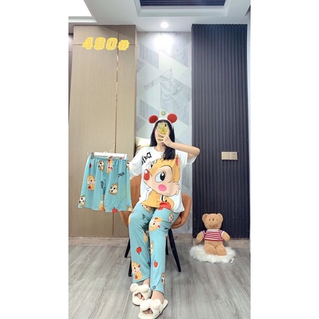 Đồ mặc nhà size lớn hoạ tiết hoạt hình dễ thương, bộ thun nữ tay ngắn quần dài thun 4 chiều TẶNG KÈM quần ngắn cùng hình
