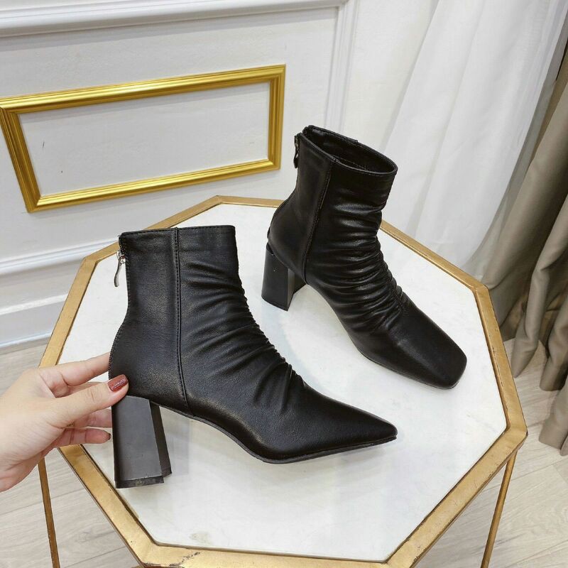 boot gót vuông khối thân dúm hàng hộp hoa đào