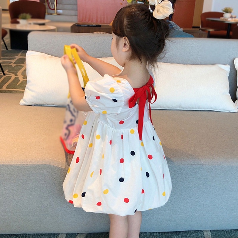 Đầm Công Chúa Tay Phồng Ngắn Cổ Tròn Lưng Cột Dây Họa Tiết Chấm Bi Thời Trang Mùa Hè Cho Bé Gái