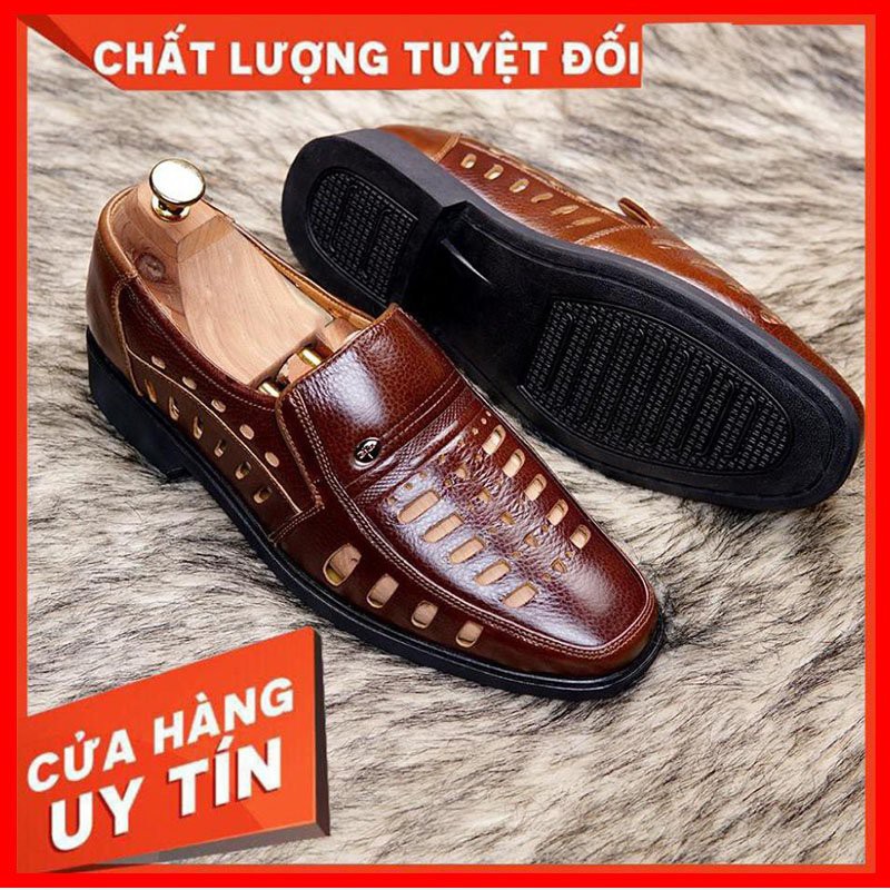 Giày da nam hè lỗ thoáng chất liệu da bò thật đế cao su chống trơn trượt đủ size từ 38 - 43