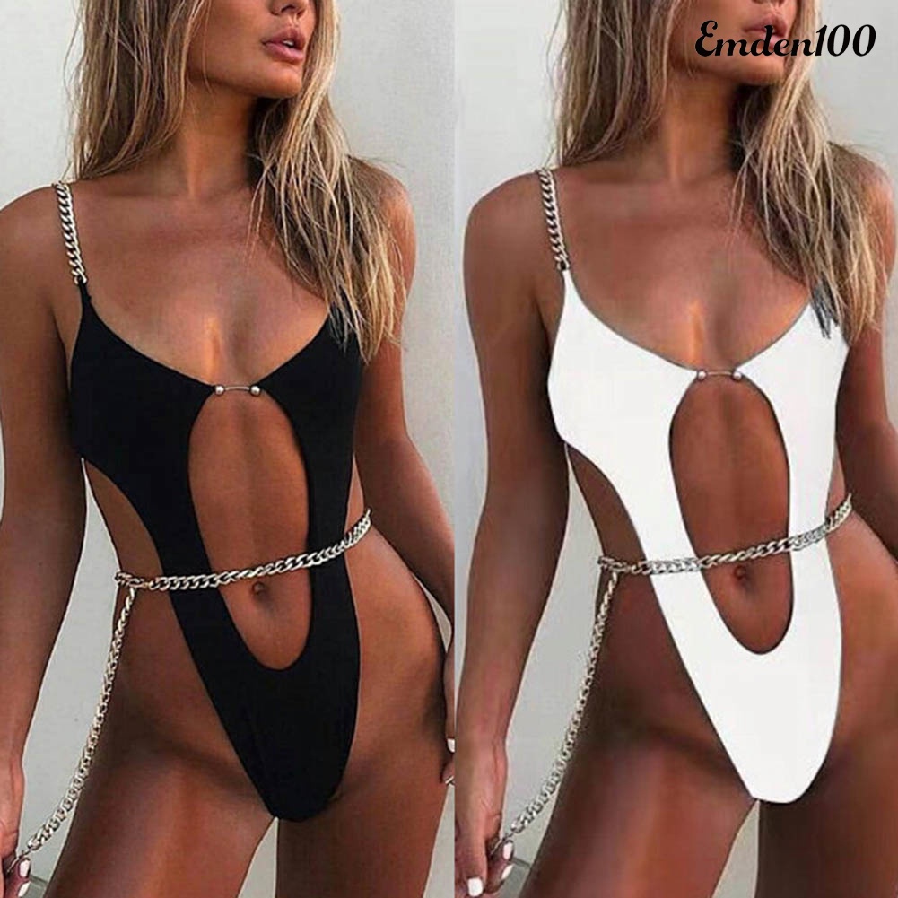 Bộ Đồ Bơi Một Mảnh Màu Trơn Có Đệm Ngực Với Dây Xích Tùy Chỉnh Dành Cho Nữ