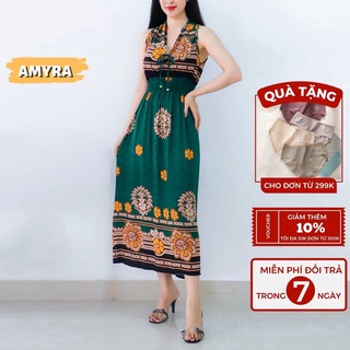 Đầm trung niên sang trọng maxi dài mùa hè đi biển - Váy trung niên cho mẹ lanh 2 dây thoáng mát,đi chơi, du lịch Mx120