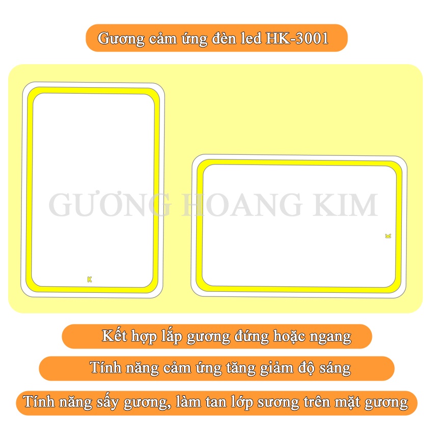 Gương nhà tắm cảm ứng treo tường chữ nhật trang điểm đèn led thông minh kích thước 70x90, 80x100cm guonghoangkim HK3001