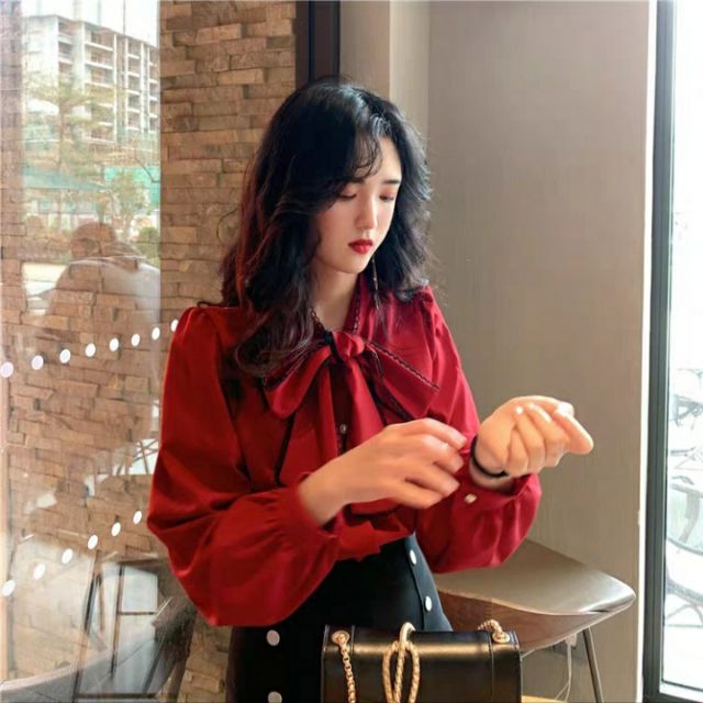 Áo sơ mi kiểu nữ cổ thắt nơ tiểu thư dài tay Hàn Quốc ulzzang