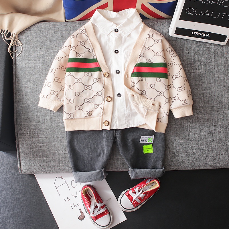 Set 3 món áo khoác cardigan + quần dài + áo sơ mi nhập khẩu cho bé trai