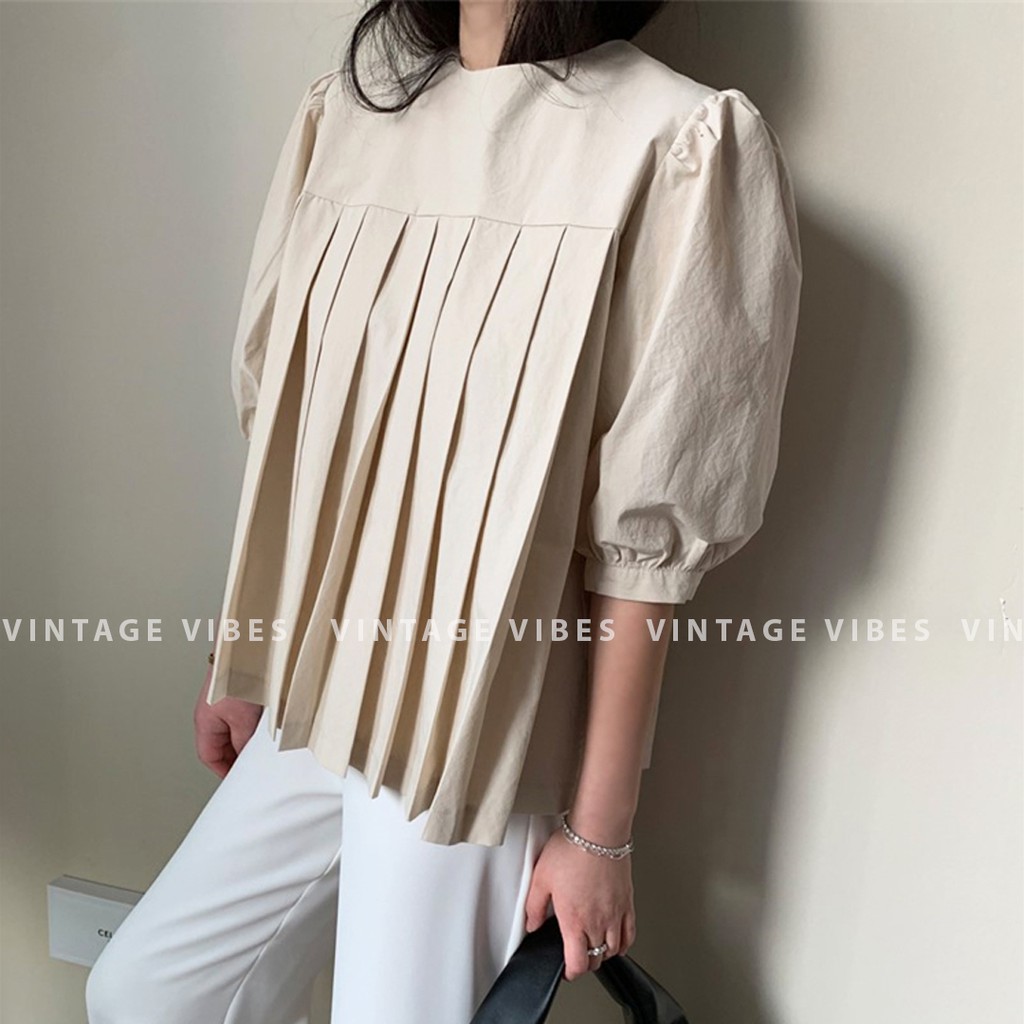 Áo babydoll tay bồng xếp ly Ulzzang (hàng QC) - Ảnh thật