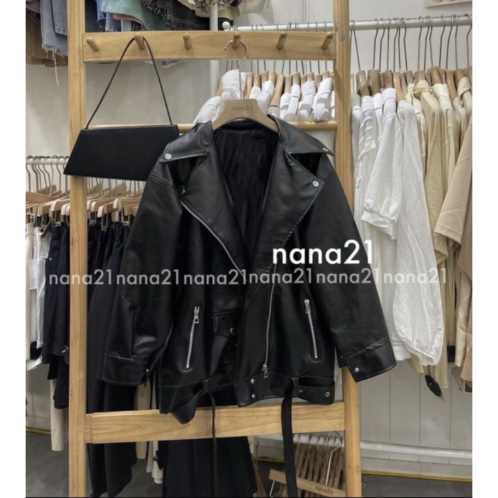 Áo khoác da đen nam nữ khóa chéo cá tính form rộng oversize dày dặn hàng Quảng Châu