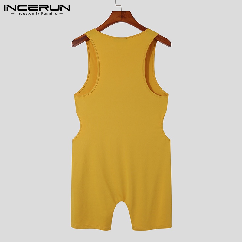 Bộ áo liền quần INCERUN không tay cổ chữ v sâu khoét lỗ hở dáng ôm vừa vặn màu trơn thời trang cho nam