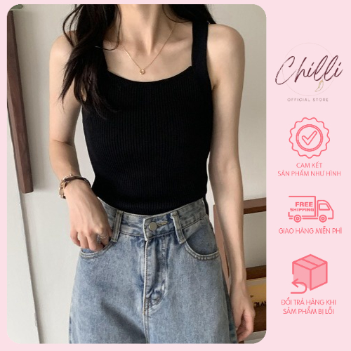 Áo 2 dây len tăm bản to cổ vuông ôm body  P231