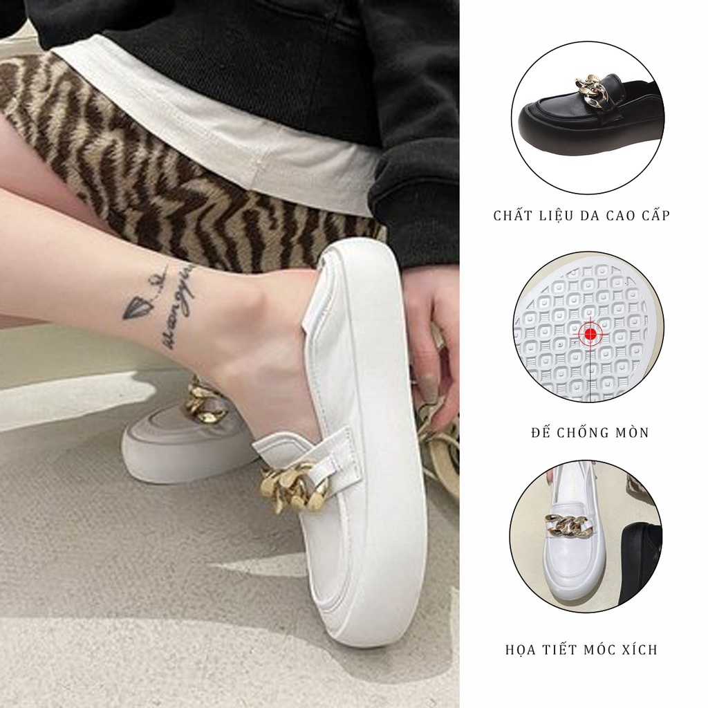 Giày Moca Loafer Ulzzang Vintage, Giày Lười Nữ Da Pu Cao Cấp Họa Tiết Móc Xích Đế Độn 3cm, Hàn Quốc - Iclassy_shoes