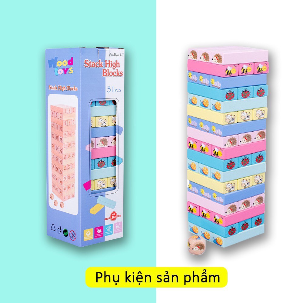 Đồ chơi rút gỗ hình 51 thanh loại to, rút gỗ màu in hình các con vật ngộ nghĩnh đáng yêu cho bé.