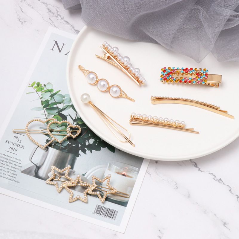 Kẹp Tóc Đính Đá / Ngọc Trai Giả Họa Tiết Hình Học / Ngôi Sao / Trái