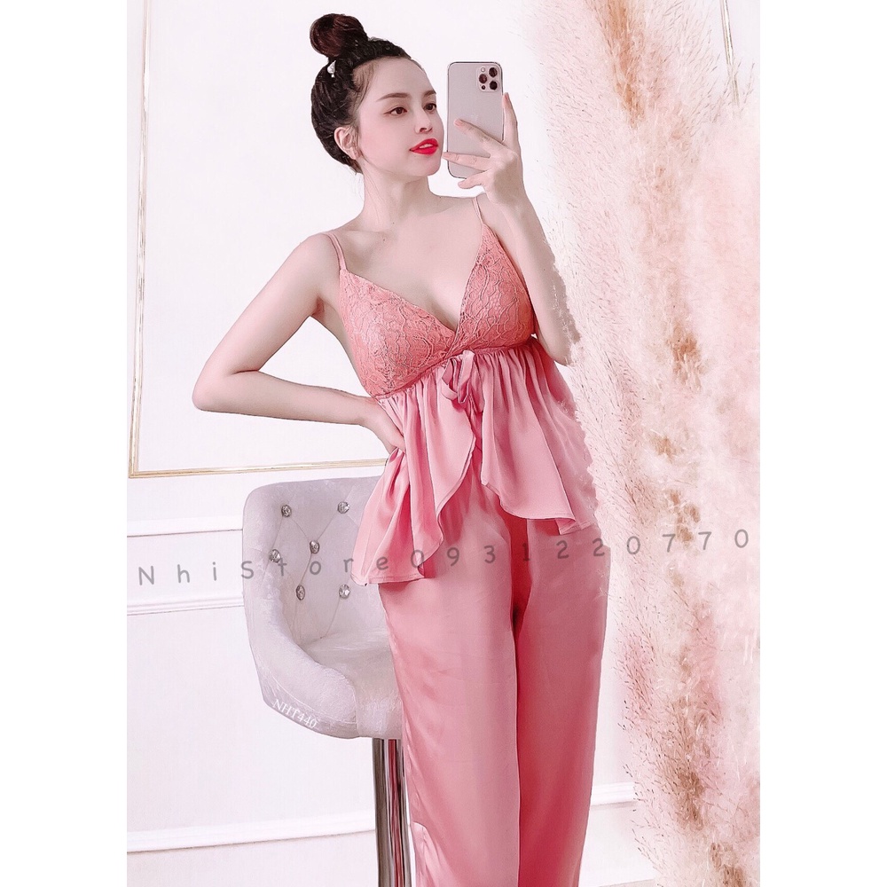 [FREESHIP 50K] Bộ Mặc Nhà Nữ NHISTORE Quần Dài  Lai Ren Áo Cúp Ngực Sexy Phối Ren  Freesize Dưới 57kg