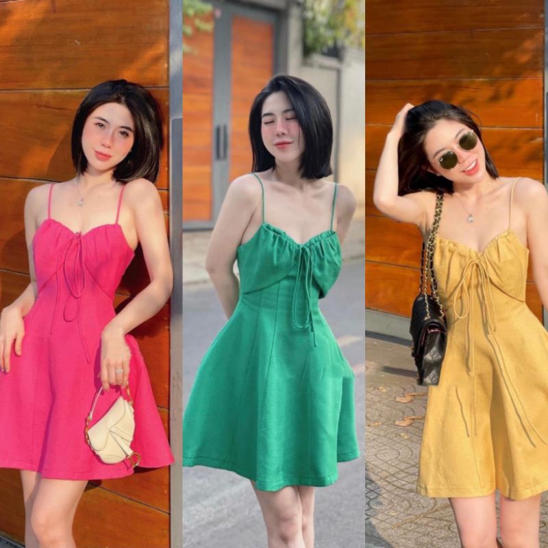Váy Hai Dây Ms.1029 Đầm Thiết Kế Dáng Xòe Nhẹ, Chiết Eo, Dây Nơ Ngực, Chất Đũi Dày Sịn