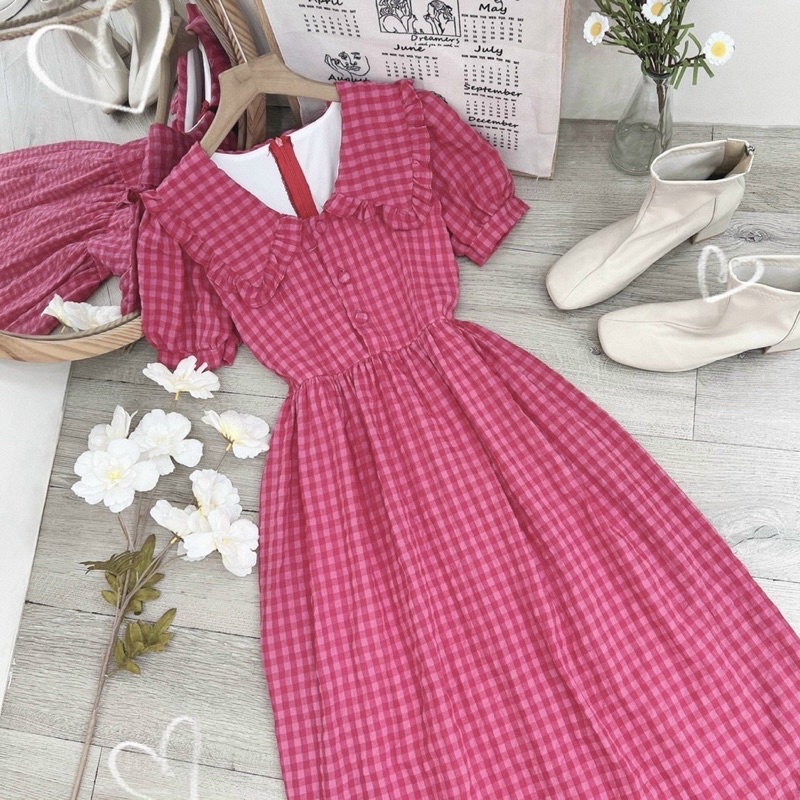 Đầm cổ sen caro midi VIBED