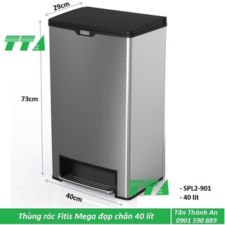 Thùng rác inox Fitis Mega vuông đạp chân 40 lít  SPL2-901