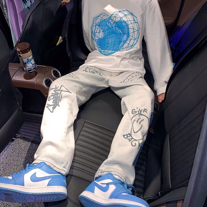 [ORDER+ẢNH THẬT] Quần bò jeans ống rộng thiết kế in hình graffiti nghệ thuật mix màu đậm nhạt unisex Ulzzang oversize ❤️ | BigBuy360 - bigbuy360.vn