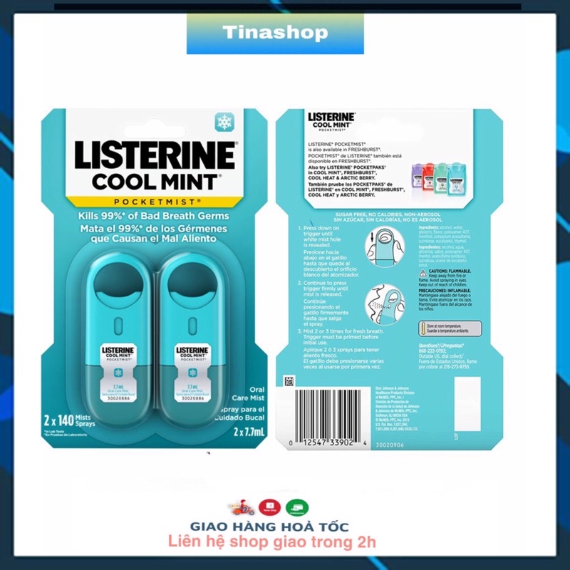 Xịt thơm miệng diệt khuẩn Listerine Cool Mint 7,7ml x2 hàng chính hãng Mỹ