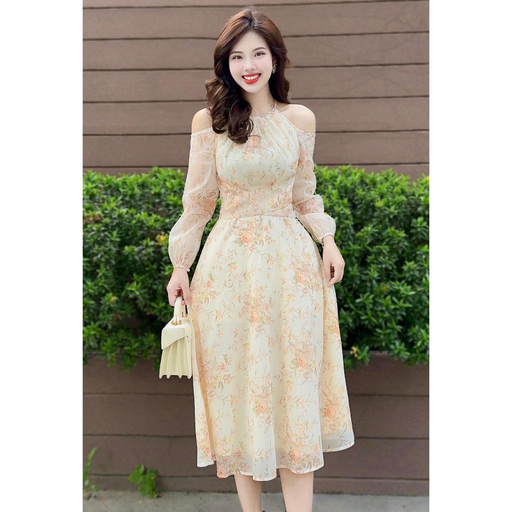 Đầm hoa hở vai buộc nơ sau lưng cực tiểu thư - XU XU SHOP - Váy hoa nữ thiết kế dáng dài nhẹ nhàng chất voan mềm mịn
