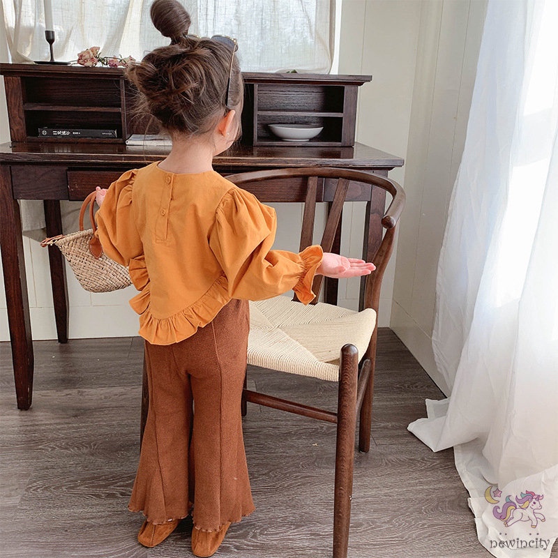 Bộ Áo Sơ Mi Họa Tiết Hoa + Quần Dệt Kim Lưng Cao Thời Trang Mùa Thu Hàn Quốc Cho Bé Gái