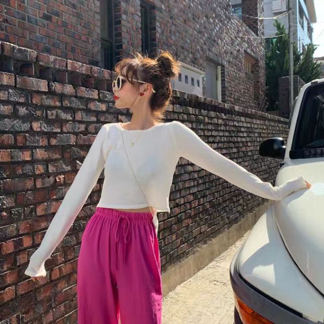 Áo thun croptop ulzzang tay dài ôm body 2019