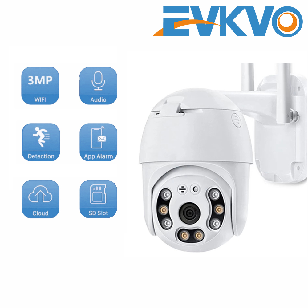 EVKVO - Full Color Night Vision - Humanoid Detection - 4x Digital Zoom - HISEE SE APP FHD 3MP H.265 WIFI Camera Rotate Waterproof Wireless Outdoor PTZ IP Camera CCTV Motion Voice Alert Two Way Audio