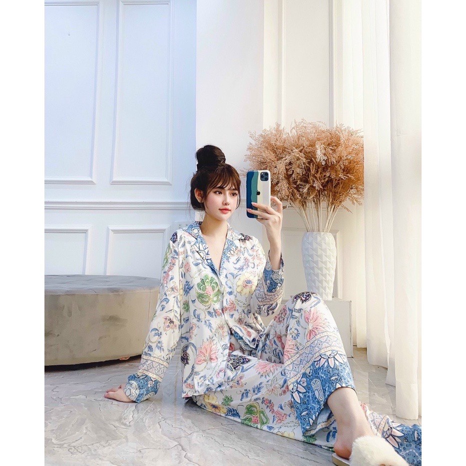 Đồ bộ ngủ nữ pijama XM lụa latin dài tay họa tiết | BigBuy360 - bigbuy360.vn