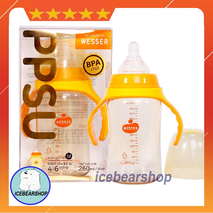 Bình sữa cao cấp PPSU cổ rộng 180ml-260ml Wesser